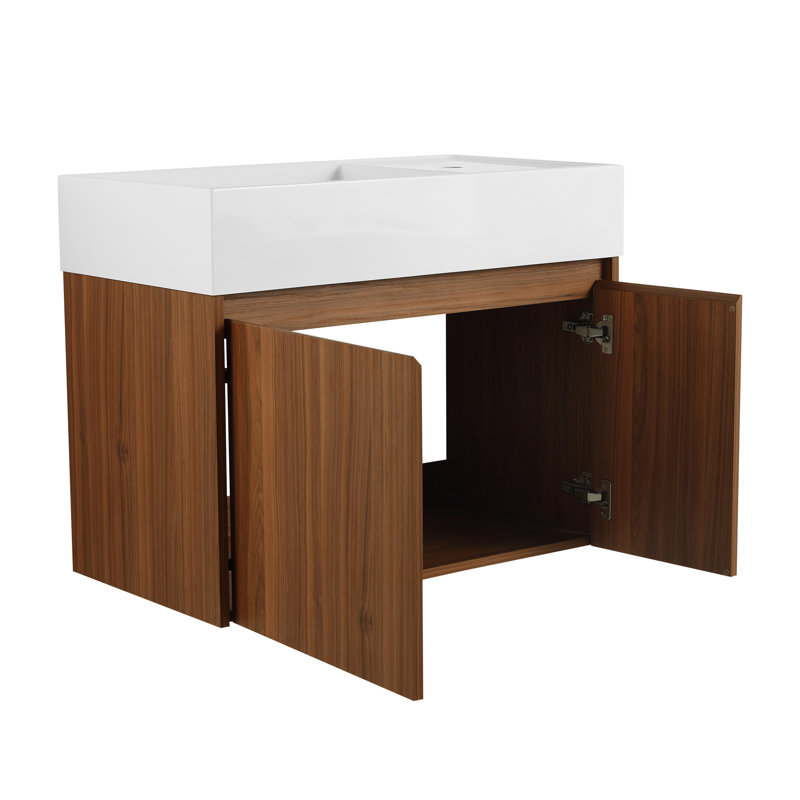 30" Bathroom Vanity & Plywood Sink - Modern Design, Soft Close Hinges, Walnut Color, Float Mounted, For Compact Bath Areas Resin Basin Material,