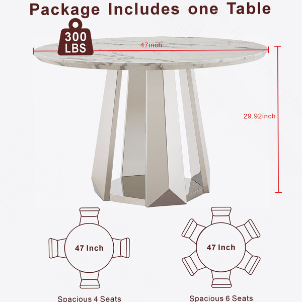 Everly Quinn 47" Round Marble Dining Table, Modern Kitchen Table With ...