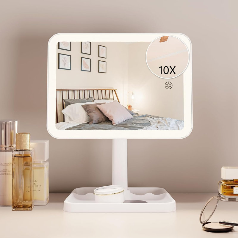 Modern LED Vanity Mirror with 10X Magnification and Makeup Storage Base, White