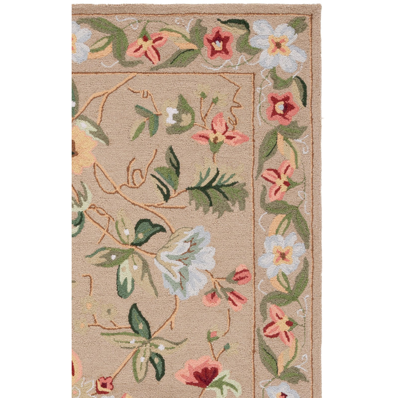 Tapis en laine bouclé / crocheté floral fait à la main en brun / vert / rouge, Carré 3 pi