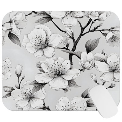 Floral Japanese White Sakura Cherry Blossom Flowers III Asian Gaming Cute Office Laptop Desk Pad Gift Mat Square Rectangle Non-Slip Mousepad