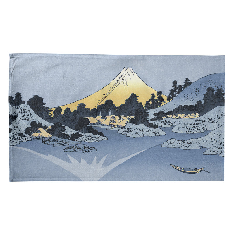 Torchon à thé réfléchissant dans le lac Kawaguchi, Polyester sergé, bleu