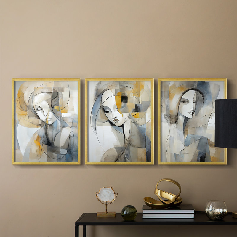 Série féminine XXIX - Ensemble de 3 estampes numériques encadrées - Prêt à être accroché, Cadre doré, 14" H x 11" W