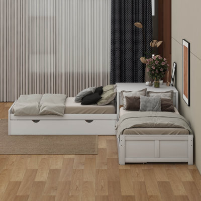 Lit plateforme simple en L avec lit gigogne, bureau et tiroirs