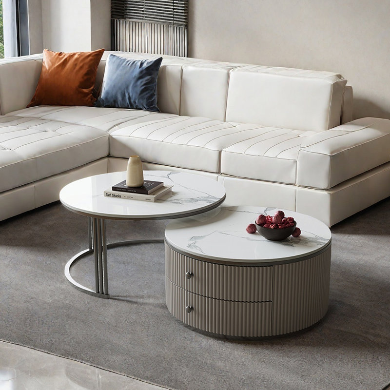 Round stone slab coffee table set, 16.5" H x 27.6" L x 27.6" W