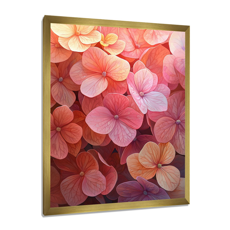 Hortensias au coucher du soleil, lueur I - impressions murales florales, H 20 po x l 12 po, Doré
