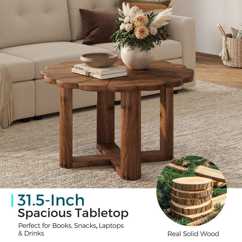 31.5" Round Solid Wood Coffee Table, Petal Shape Rattan Coffee Table with Open Display Area, Light Brown