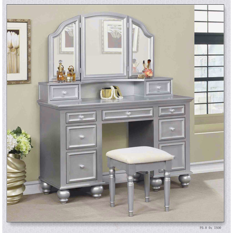 Ensemble de coiffeuse de style transitionnel avec tabouret, poignées à poignées, tiroirs de rangement et miroir à 3 côtés pour un mobilier de chambre élégant