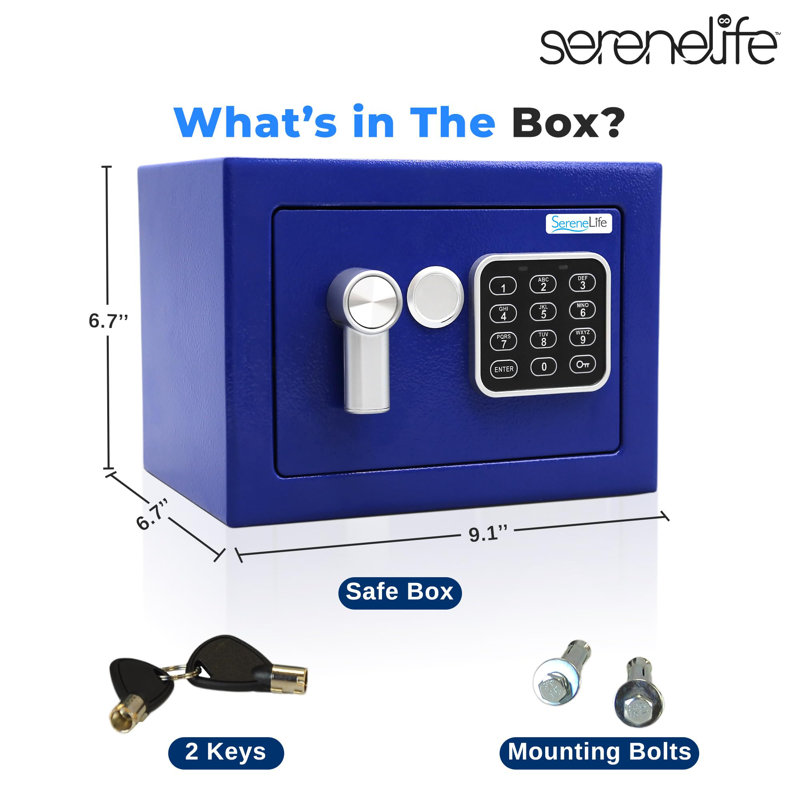 Coffre-fort numérique en acier de qualité supérieure Serenelife - 9,1 po x 6,7 po x 6,7 po | Rangement sécuritaire pour l'argent, les armes à feu et les bijoux | Idéal pour les hôtels, les armoires et la maison | Accès électronique et mécanique | 2 clés | Bleu