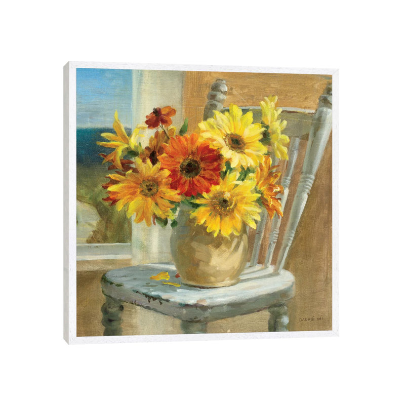 Sunflowers By The Sea Crop by Danhui Nai - Painting on Canvas, 93.98 cm H x 93.98 cm W, White Framed