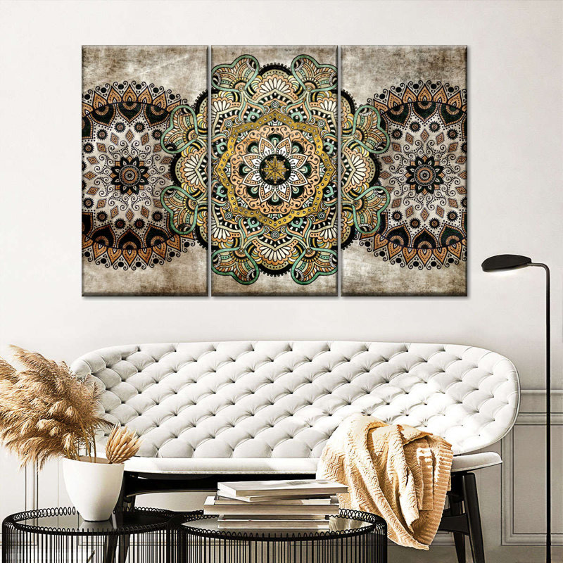 Ensemble de 3 mandalas rétro sur toile 3 pièces, H 28 po x l 45 po x P 1,25 po