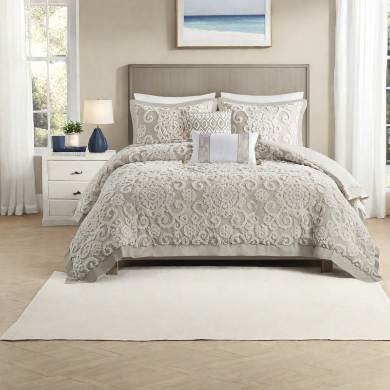 Premium Bedding Sets, Cotton King Tufted Taupe Chenille For Home