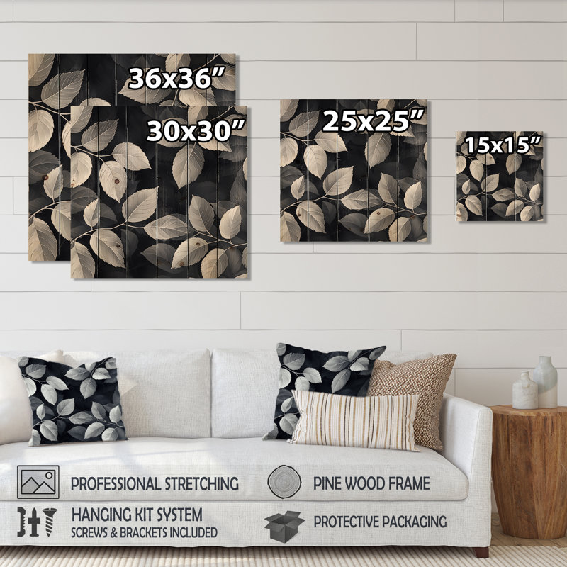 Slate Grey Leaves Beauty I - Leaves  Wood Print - On Natural Pine Wood, 25" H x 25" W x 0.78" D