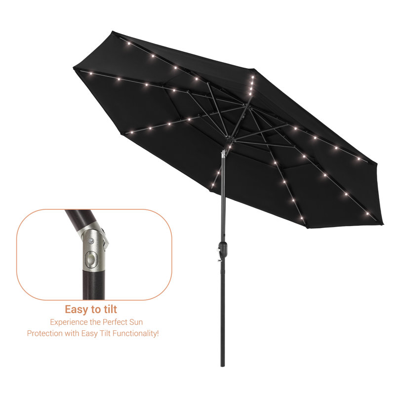 Parasol de marché d'extérieur à DEL de 10 pi avec auvent ventilé à 3 niveaux Samitha, Noir