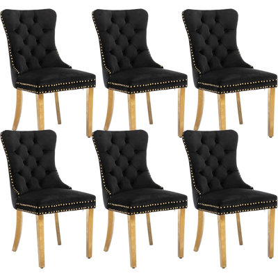 Modern Velvet Dining Chairs Set of 6, Upholstered Tufted Dining Chair with Pull Ring and Stainless Steel Legs, Accent Side Chairs for Living Room