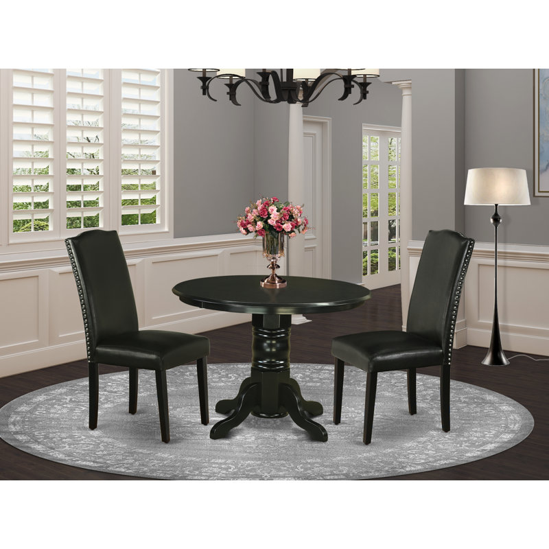 Ensemble de salle à manger 3 pièces comprenant une table ronde de cuisine avec pied central et 2 chaises rembourrées en lin foncé Gotham, 107 x 107 cm, noir