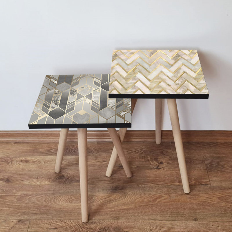 Modern Nesting Table Set (2 Pieces), Grey & Gold with Beige Accents, 13.8 x 18.5 x 13.8 inches & 13.8 x 16.5 x 13.8 inches | 100% MDF with Beech Wood Legs, Stylish Geometric Design for Home Décor & Functionality