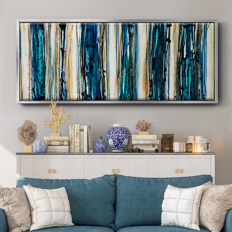 Blue Streaks- Framed Canvas, 12" H x 30" W