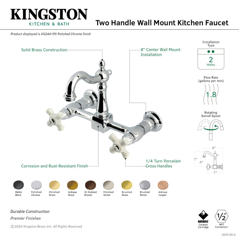 Kingston Brass Heritage Double-Handle 2-Hole Wall-Mount Bridge Kitchen Faucet, Matte Black