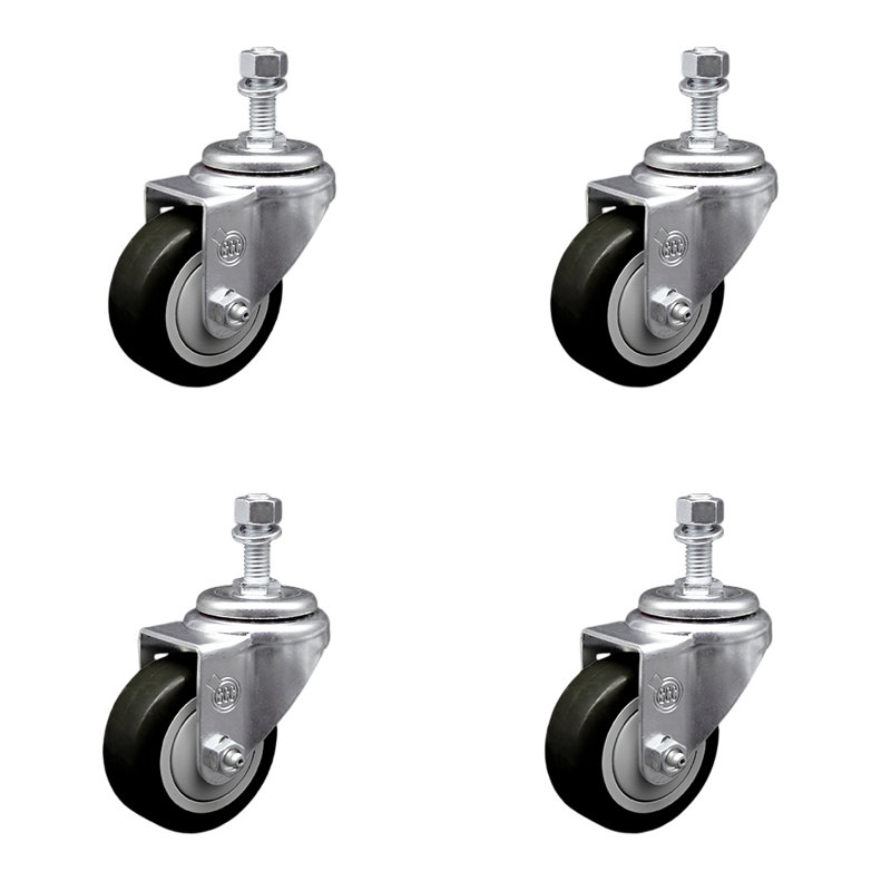 3.5 Inch_ Polyurethane Wheel Swivel 12mm Threaded Stem Caster Set SCC