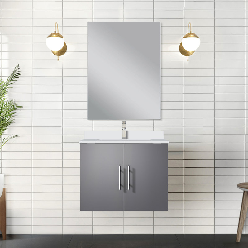 Meuble-lavabo gris foncé 24 po L 22 po x P - Comptoir en quartz blanc, 18 miroirs, fermeture en douceur, Gris foncé