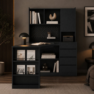 Bureau en L noir avec prises USB et alimentation, tablettes de rangement et éclairage ambiant