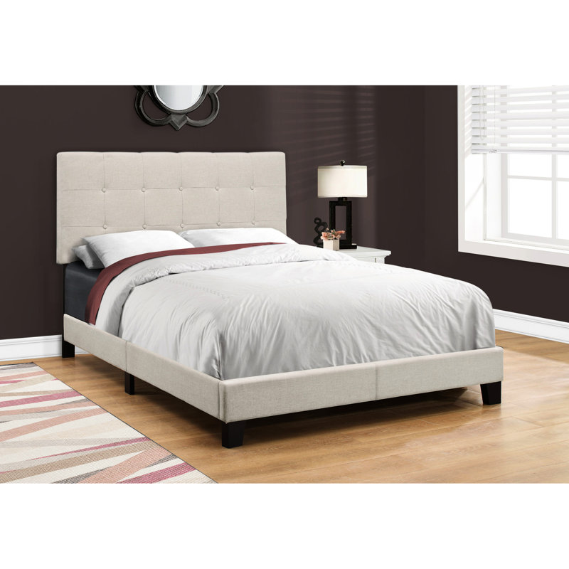 Lit double rembourré en lin beige avec des pieds noirs fiables en séduisant