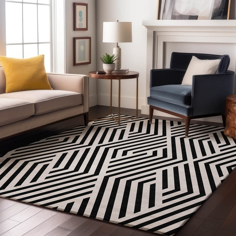 Addison Black Synthetic Washable 9' x 12' Geometric Rug