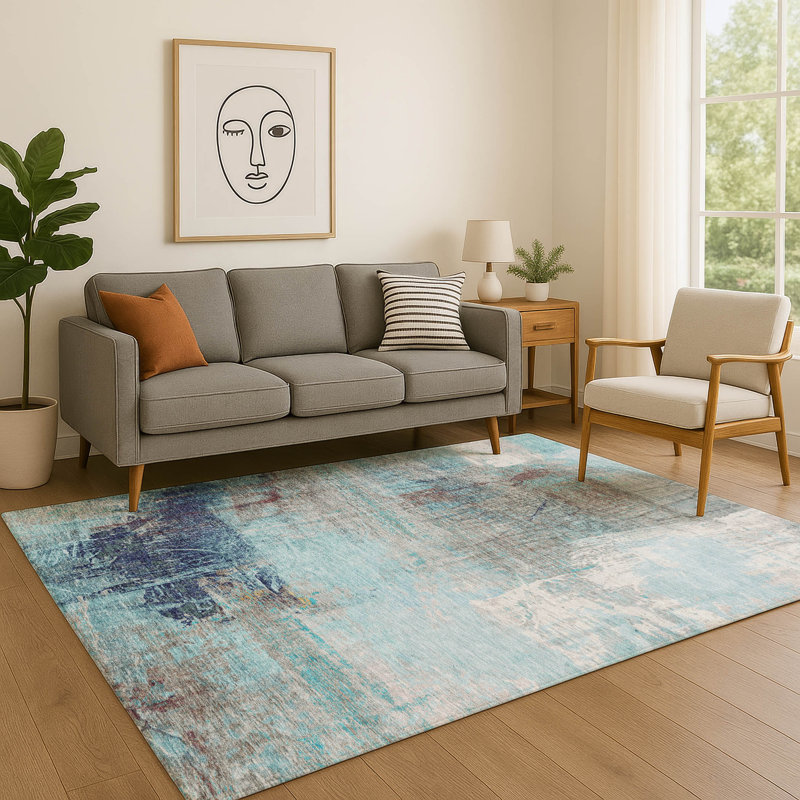 Premium Machine Washable Mayfield Abstract Rug, Teal, 9' x 12'
