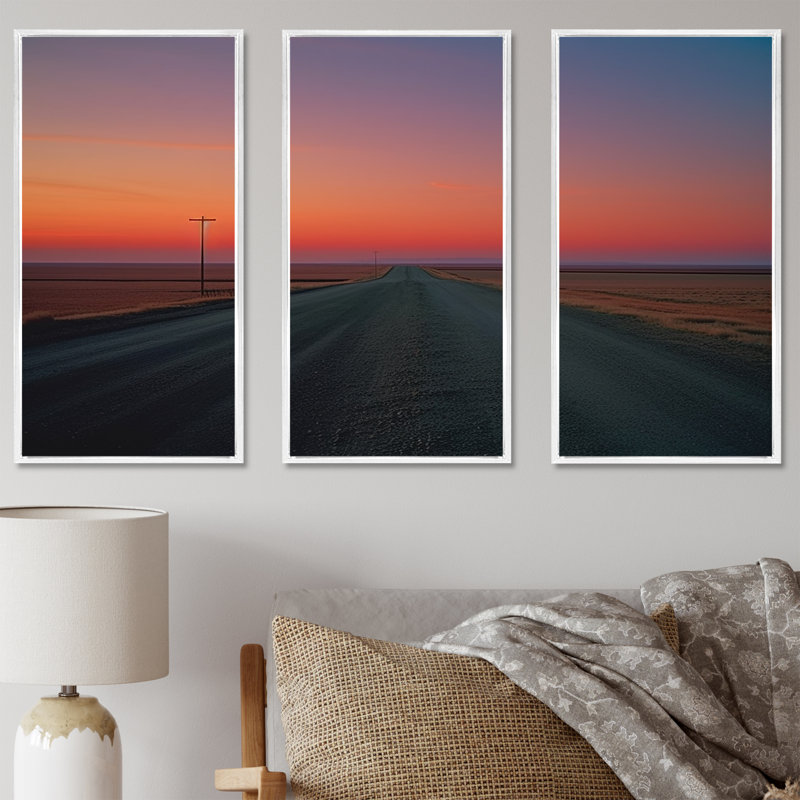 «Sunset Road Landscape I», ensemble d'art mural, Cadre flottant blanc, H 32 po x l 48 po x P 1 po