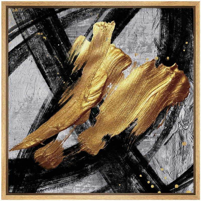 Coups de peinture noirs et dorés - reproduction de cadre flottant sur toile, H 16 po x l 16 po x P 1,5 po, Encadré naturel