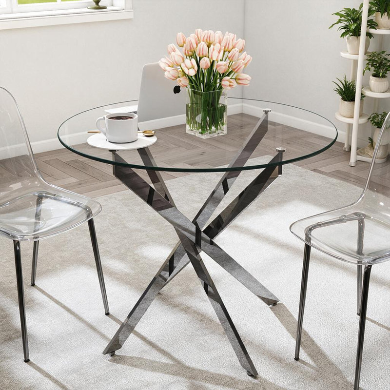 Table d'appoint ronde en verre, table de bout moderne avec plateau en verre trempé et structure en croix en métal poli en forme de X, petite table basse d'appoint pour le salon, la terrasse et le balcon, or / argent chromé en option