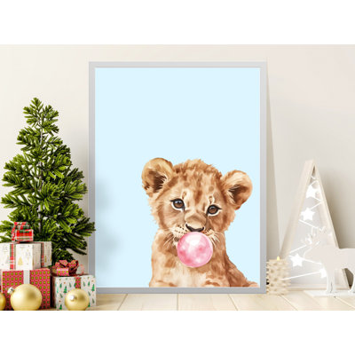 Lion Wall Art, Cute Animal Print, Bubble Gum Art, Nursery Decor, Kids Room Art, Framed Wall Art, Multiple Sizes, Watercolor
