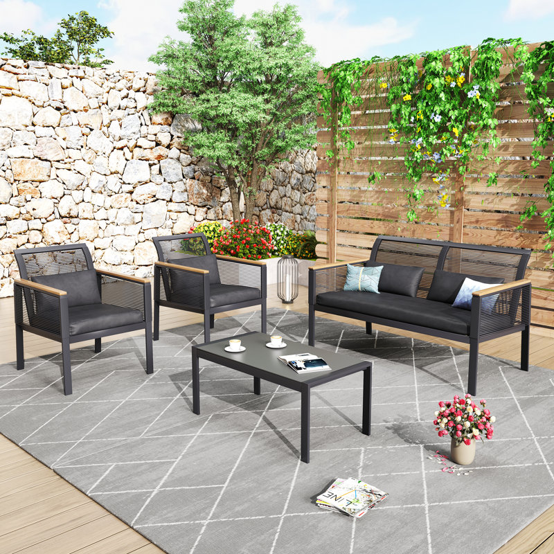 Atila 4-Person Outdoor Seating Group Wicker Patio Conversation Sets with Cushions