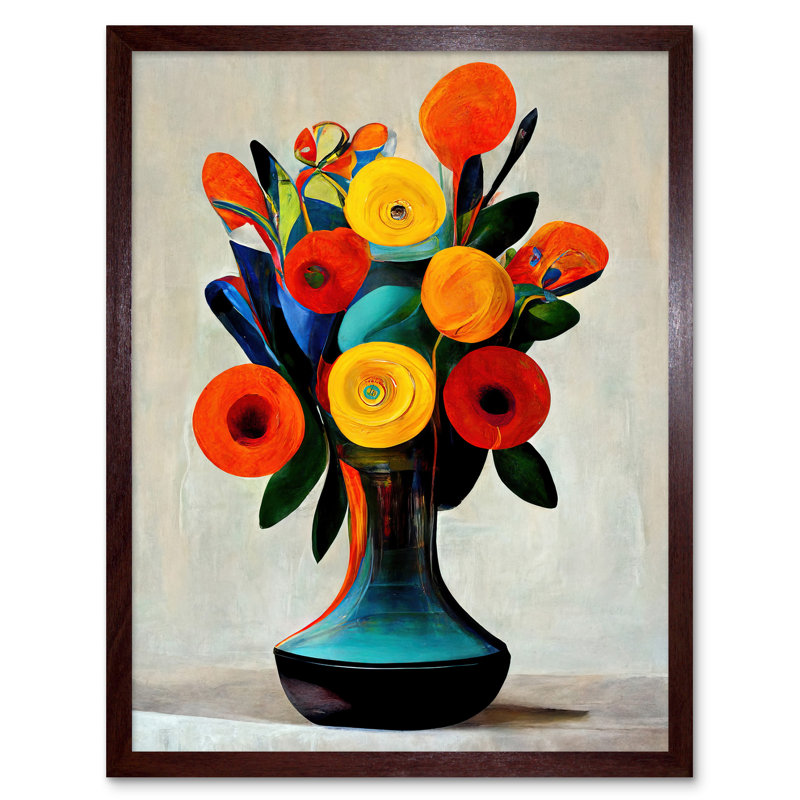 Midcentury Style Floral Bouquet Flowers - Painting, Brown Framed Paper, 43cm H x 33cm W