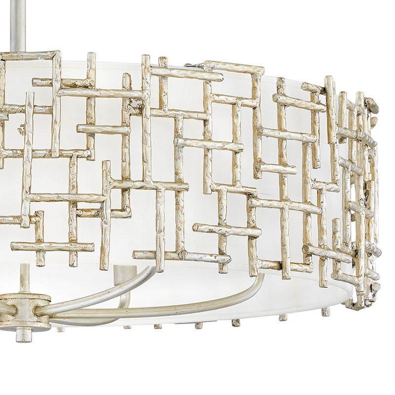 Farrah 6-Light White Linen Drum Chandelier w/ Hammered Crosshatch Bars, Silver