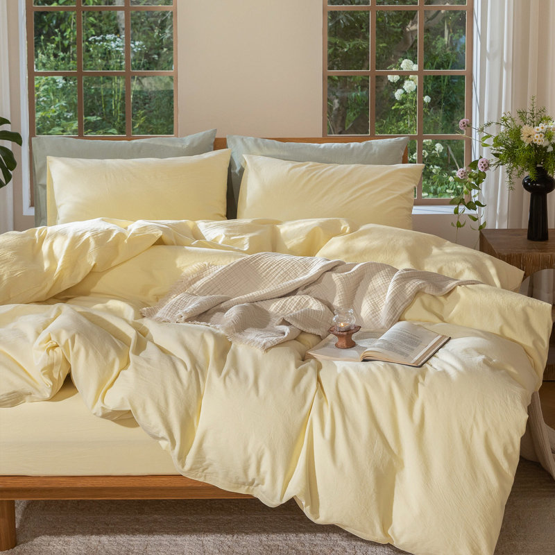 MooMee Lightweight Duvet Cover Set with Zipper Closure 8 Ties 100% Washed Cotton Linen Like Textured Soft Breathable All-Season