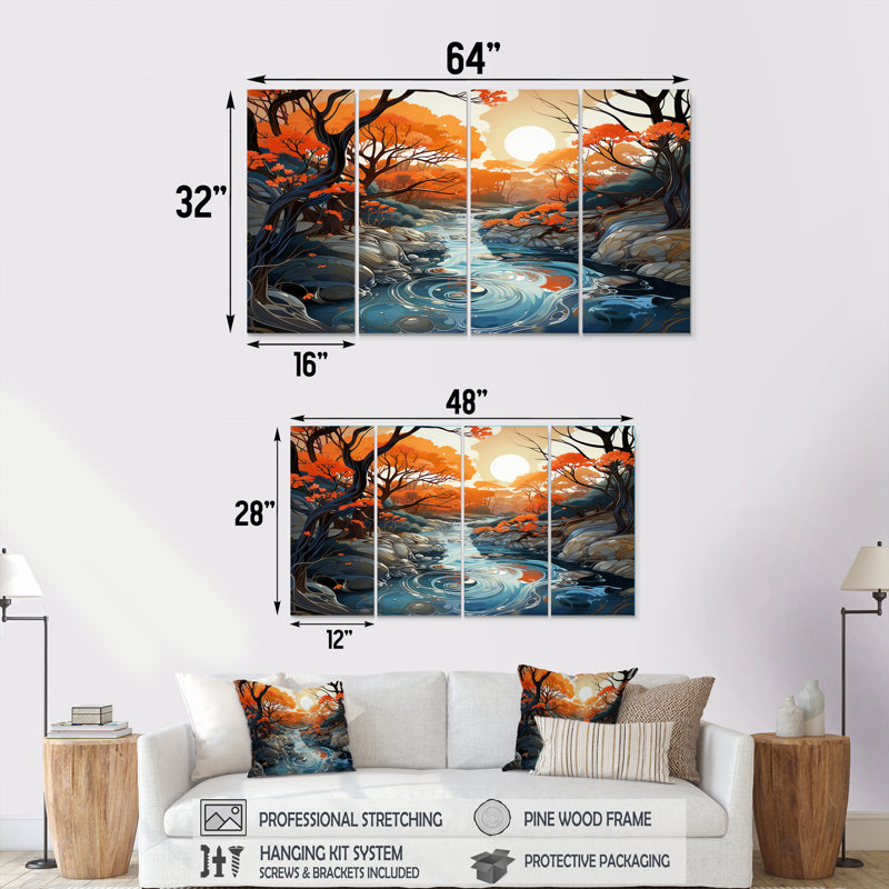 Décoration murale orange et bleue, rivière sereine II - forêt rivière, 4 pièces, H 28 po x l 48 po