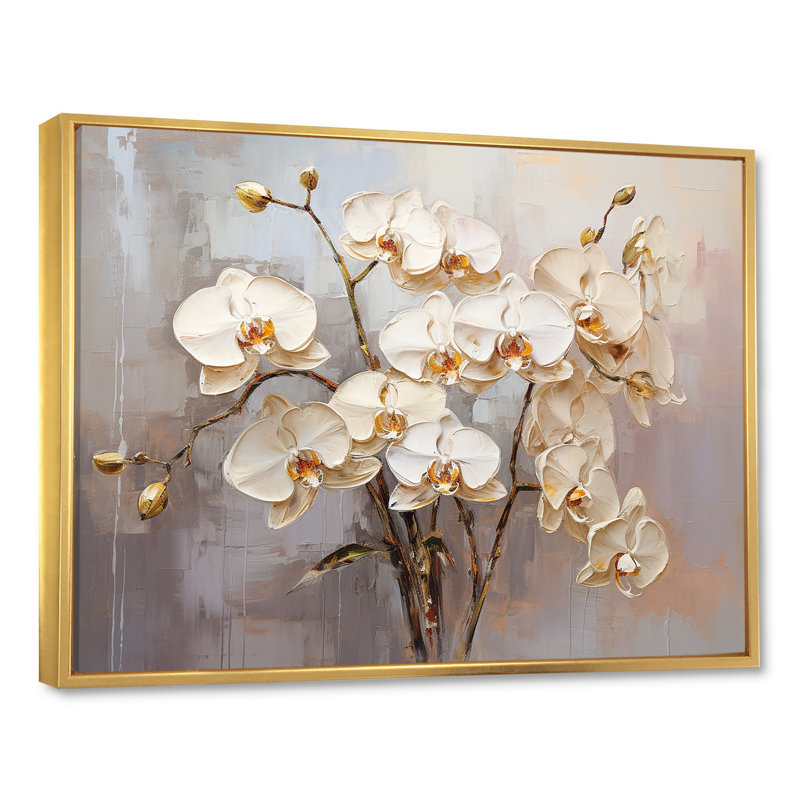 Minimalisme beige et orchidées dorées I sur toile, Cadre flottant doré, H 34 po x l 44 po x P 1,5 po