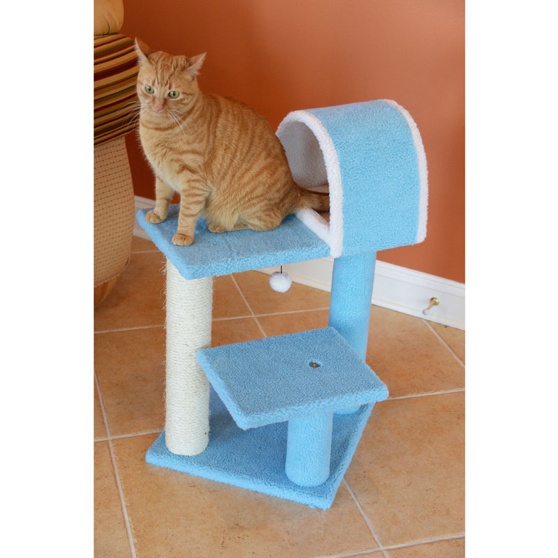 Sky Blue and Cream Sisal Cat Tree with Tunnel and Scratcher