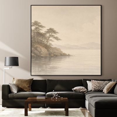 Extra Large Wall Art Fabric Print - Serene Coastal Landscape with Pine Trees over Calm Water for Living Room or Bedroom - "Frame Assembly Required (Unfinished Frame)"