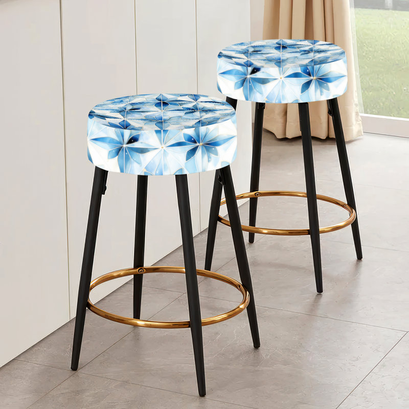 Ensemble de 2 tabourets de bar rétro en mosaïque géométrique bleu et blanc
