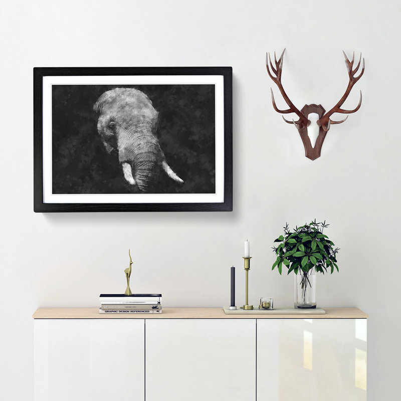 African Elephant - Single Picture Frame Painting on MDF, 33cm H x 45cm W x 2cm D, Black
