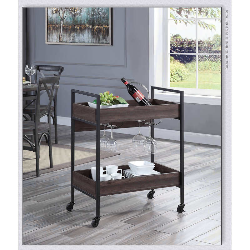 Jerrick Walnut Finish Serving Cart with 2 Tier Shelves and Metal Frame, Perfect for Modern Kitchens and Entertaining Spaces