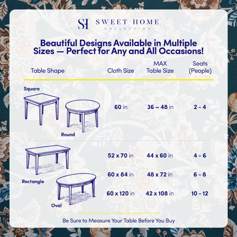 Printed Waterproof Fabric Tablecloths, Easy Care Dining Table Covers By Sweet Home Collection®, Floral, Navy, 102" L x 60" W