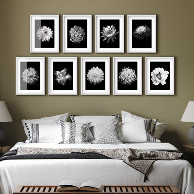 Framed Wall Art Collage Print Gallery Set, Duotone Detailed Flower Variety Botanical Wilderness Photography Realism Relax/Calm Black & White for Bedroom, Living Room, Office - 11"x14"x 9 White