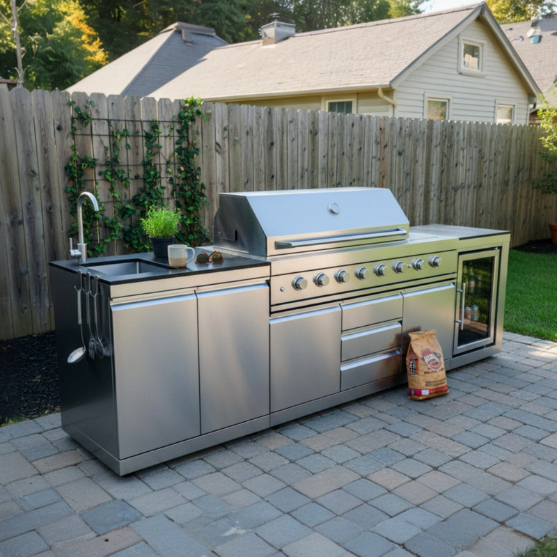 Îlot de cuisine extérieur modulaire en acier inoxydable à 8 brûleurs avec réfrigérateur et évier Akoah