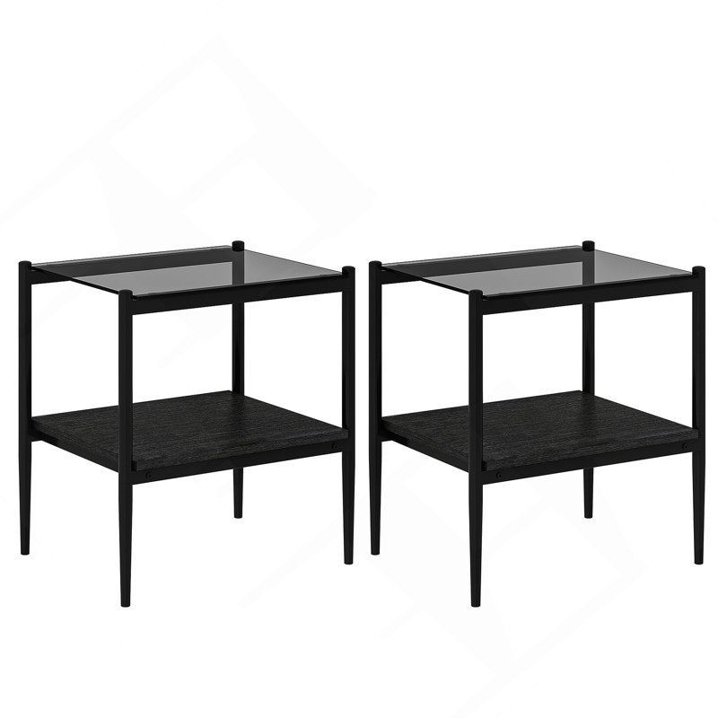 Ensemble de 2 tables de bout rectangulaires, plateau en verre trempé avec panneau de fibres à densité moyenne, Noir, Gris