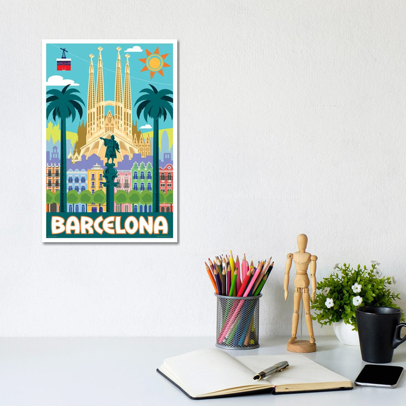 Barcelona Travel Poster by Jim Zahniser - Wrapped Canvas Print, 20.32 cm H x 30.48 cm W