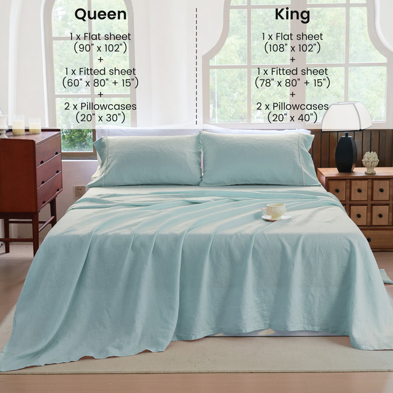 Ensemble de draps 100% lin, Grand lit, Bleu mer